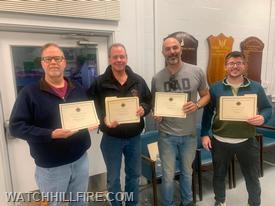 Firefighters were presented with certificates from Chief Real at the membership meeting: FF Richard Walter, FF Chris Wood, FF James Nicholas, FF Dylan Meyer, not pictured: FF Michael Esposito